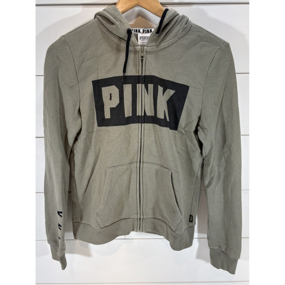 Pink Victoria's Secret Olive Green Hoodie Full Zip Jacket Pockets Logo Size S